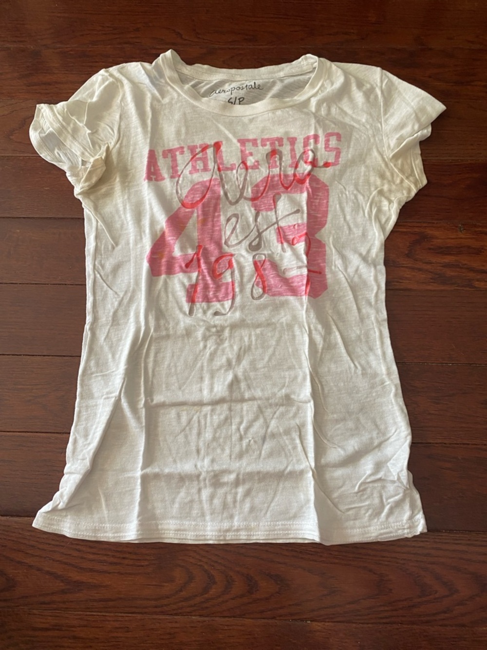 Aeropostale White Short Sleeve Tee with Pink 'Athletics 43' Graphic